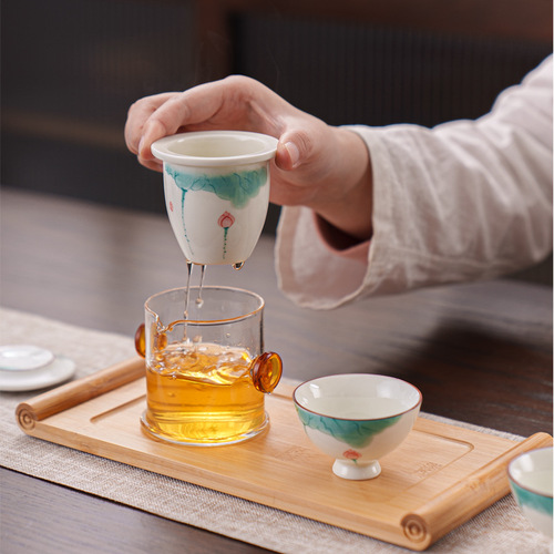 Simple Hand-painted Teacup and Teapot Set with Small Gift Box, Chinese Style Ceramic Teapot and Two Teacups