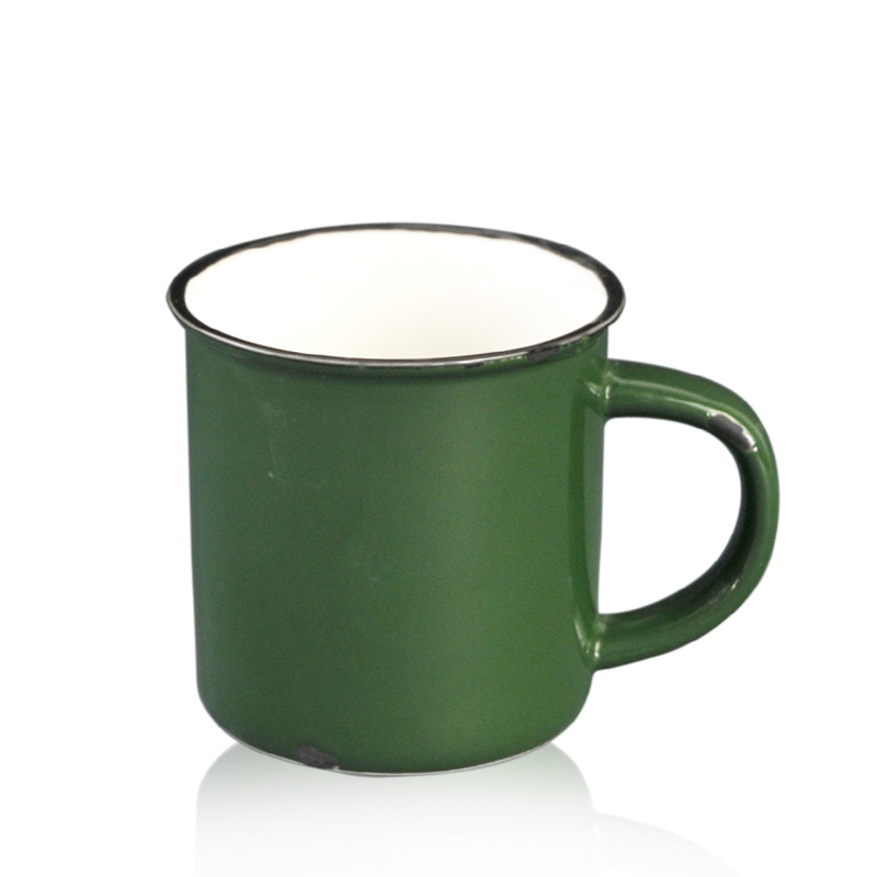 Color exterior, blanco interior, taza de cerámica vieja, taza de cerámica esmaltada de imitación, logotipo impreso, taza nostálgica de comercio exterior, bricolaje