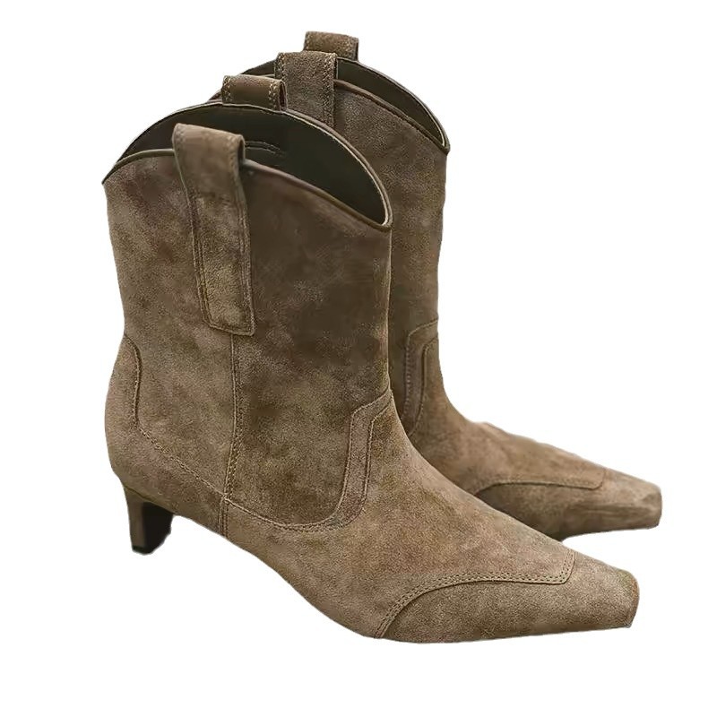 韓国版の小衆のスエードの毛の顔の方角の中でやせている靴の女性の2024秋冬のベルベットの西部のカウボーイの靴のショートブーツ