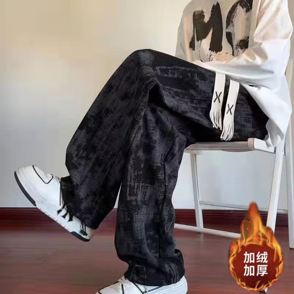 Pantalones casuales americanos de alta calle para hombres sueltos marca de moda vertical primavera y otoño atado teñido pantalon deportivo de terciopelo universal