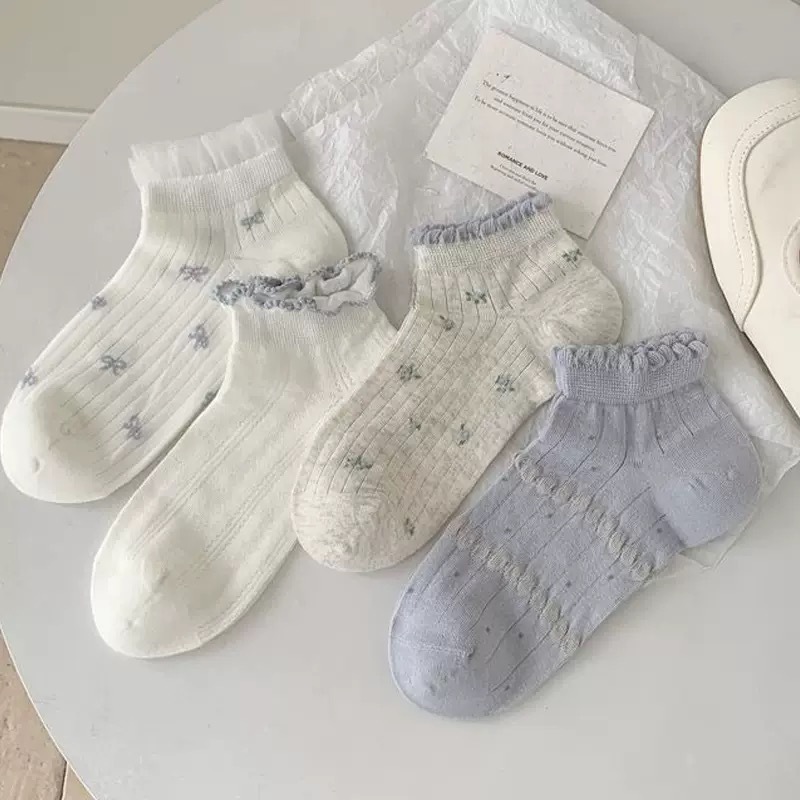 Summer Thin Versatile Spring and Summer Girl Blue Japanese Style Socks Women Thin Hollow Small Floral Boat Socks College Style