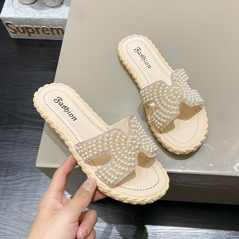 High Value Pearl Sandals For Summer Outerwear Stylish Flat Comfortable Slippers Vacation Shopping Beach Non Slip_voghion.com