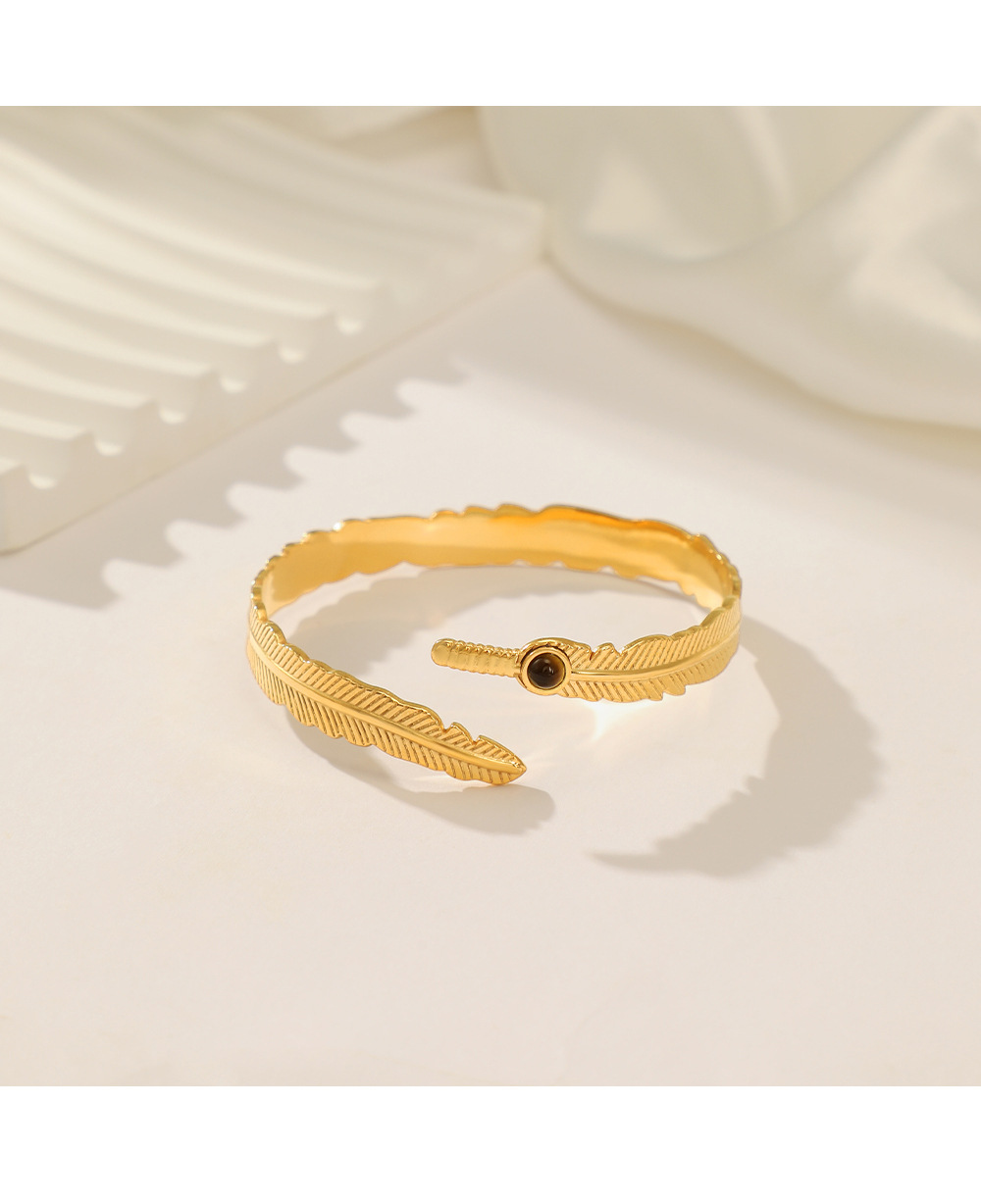 Retro Leaf Stainless Steel Inlay Natural Stone Bangle