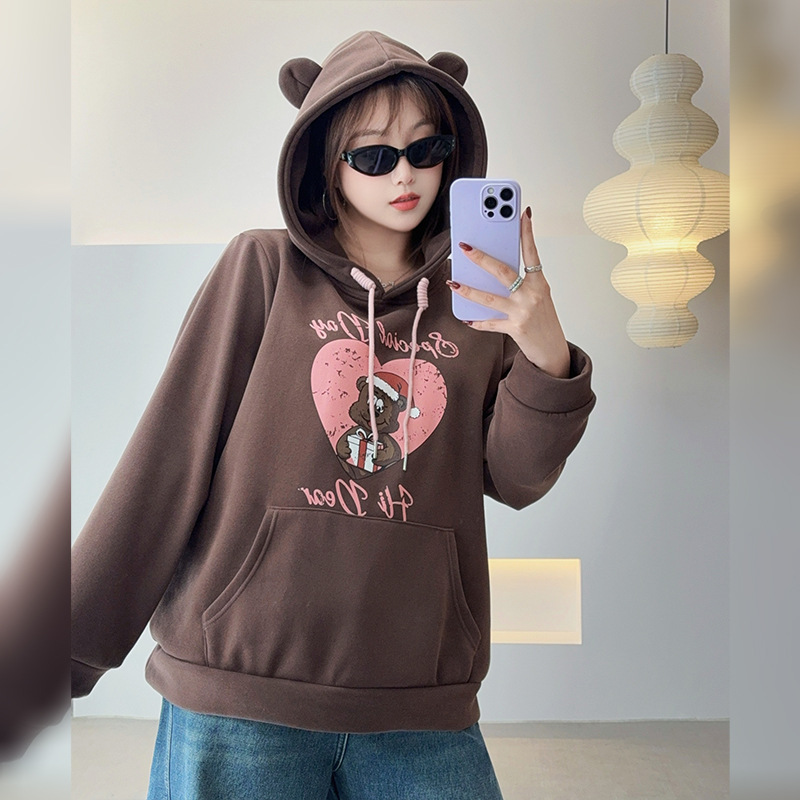 Ziyuan 25 Years Autumn and Winter Large Size Women's Tops Cute Style Stereo Ear Hooded Printed Velvet Sweatshirt 9172
