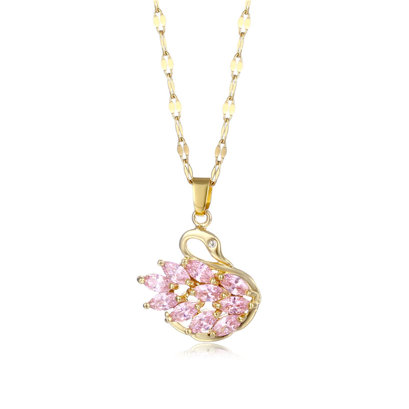 Simple titanium steel crystal diamond swan necklace fashion temperament pink zircon clavicle chain short pendant jewelrypicture1