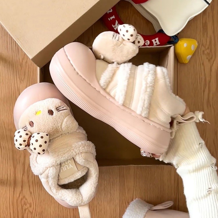 可爱卡通KT猫雪地靴女2025秋冬新款加绒加厚保暖厚底面包鞋棉鞋子