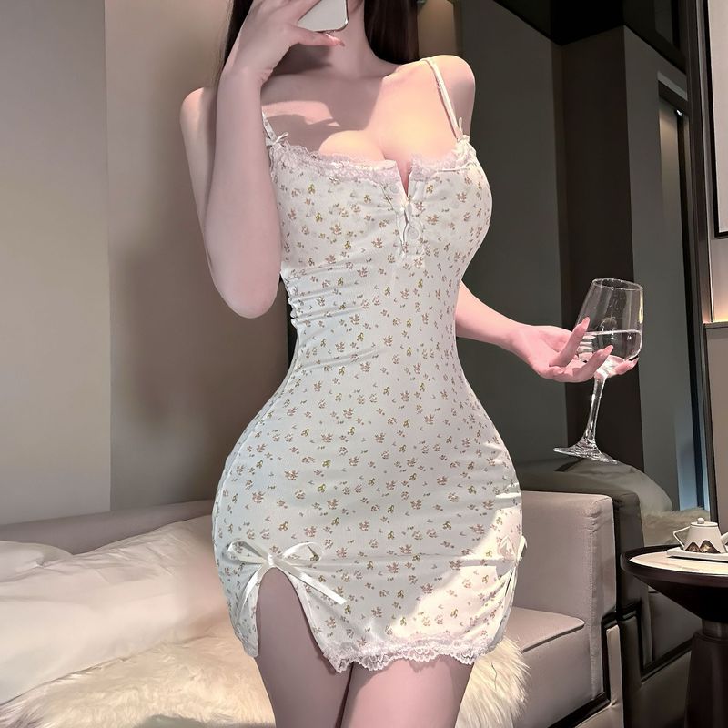 セクシーランジェリー、セクシーサスペンダーナイトガウン、ピュアホワイトティー、甘い小花柄、純粋な欲望、レースエッジ、胸パッド付きパジャマドレス|undefined