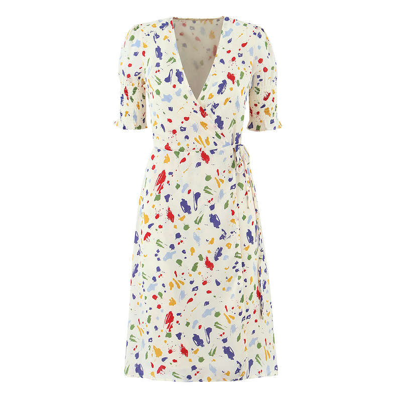 2026 New Retro Colorful Spotted Print Chic Short-Sleeved Wrap Dress French V-Neck Slim-Fit Mid-Length Dress