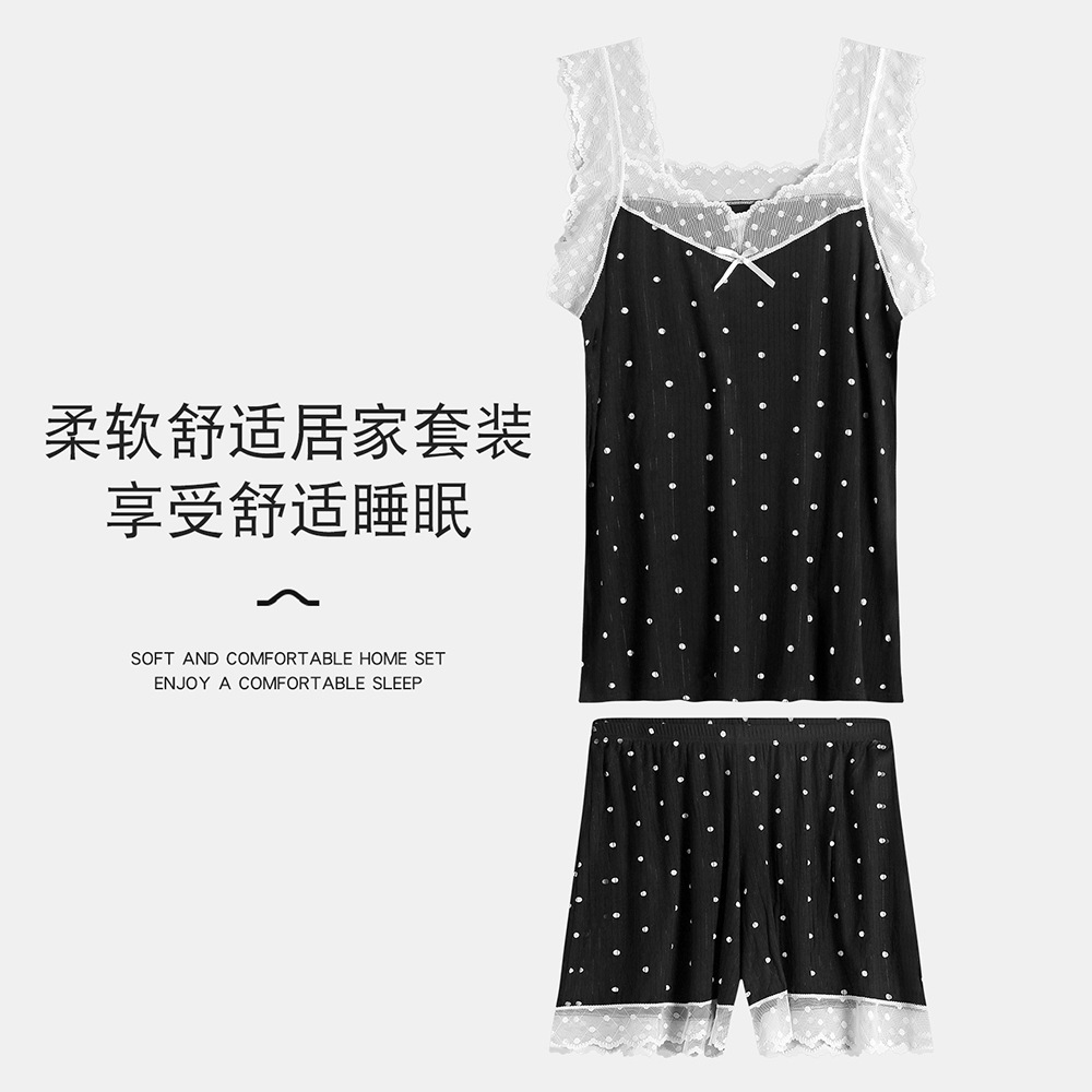 Pajamas Summer Women's Home Wear Set Suspender Shorts Thin Lace Polka Dot Modal Outer Wear Hot Style Sweet