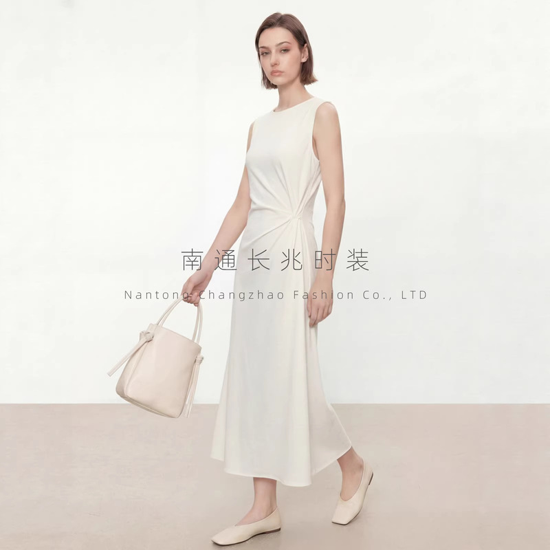 Simple Commuting Sleeveless Mid-Length Dress for Women, Summer Twist-Waist Slimming Solid Color Dress for Women