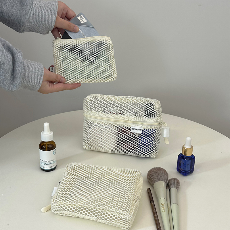 Plain Portable Mesh Bag Cosmetic Bag Women's Lightweight Large-Capacity Travel Mesh Tofu Bag Storage Small Bag Toiletry Bag
