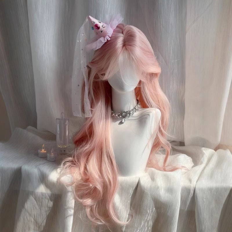[Love Emergency] Wig for Women with Medium Parting Cherry Blossom Pink Big Wavy Long Curly Hair Natural Artificial Hair Pink Full Headgear