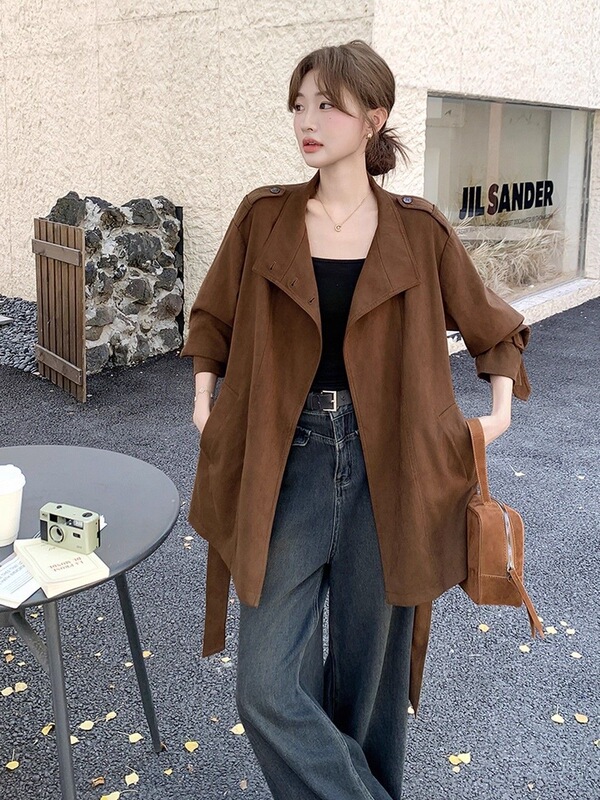 Retro suede short trench coat for women, new autumn style, high-end, loose-fitting, British style, casual, slimming, sleeveless jacket