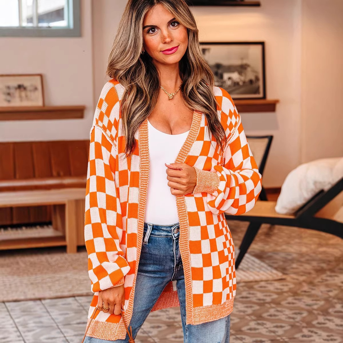 2025 New Autumn and Winter Long-Sleeved Cardigan for Women European and American Fashion Versatile Long Hip-Covering Plaid Printed Knitwear for Women