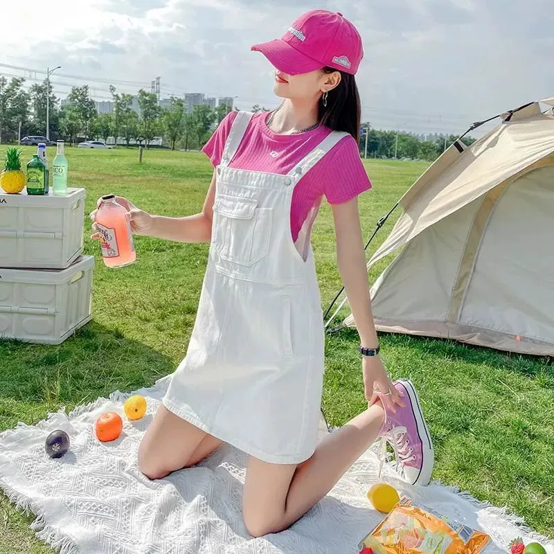 Новая джинсовая юбка-ремешка 2024 летняя академия ветра молочная линия тонкая свободная милая крышка с высокой лентой юбка женская