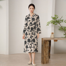 2025秋冬新款 长袖长款棉麻刺绣连衣裙