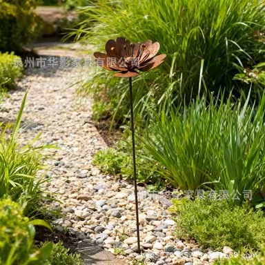 跨境生锈花朵带五个珠子铁艺花户外装饰地插庭院后院装饰花朵