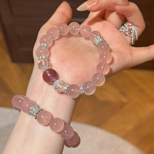 Madagascar Imitation Ice Transparent Horse Powder Bracelet Peach Blossom Pink Crystal Bracelet Amethyst Transfer Beads Niche Women's Model