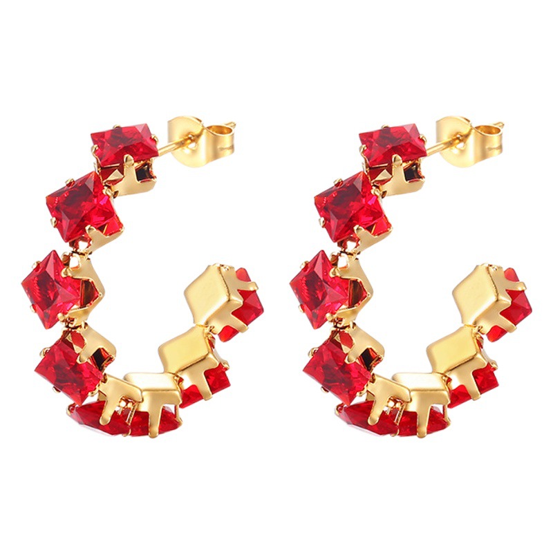 ins Stainless Steel Square Claw Zircon Earrings Cross-border Fashion Women's Simple Style Titanium Steel Colorful Diamond Earrings Ear Jewelry