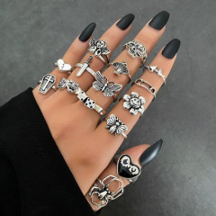 慕尚速賣通新款 歐美復古蝴蝶愛心獅子戒指套裝女15件套戒指批發