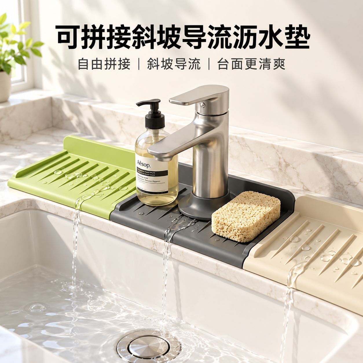Silicone Drain Mat, Faucet Water-Blocking Mat, Can Be Cut to Fit Kitchen Countertops, Slope Drainage, and Can Be Spliced with Suction Cup Storage Mat