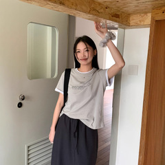 6UP春夏韓系假兩件全棉撞色T恤女廣州13行新款百搭極簡上衣91512X