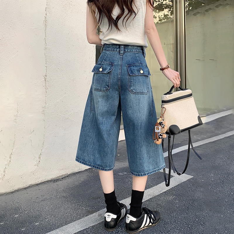 American High Street Retro Wide-Leg Cropped Jeans for Women, New Summer Style, High-Waisted, Slimming, Loose Straight Pants