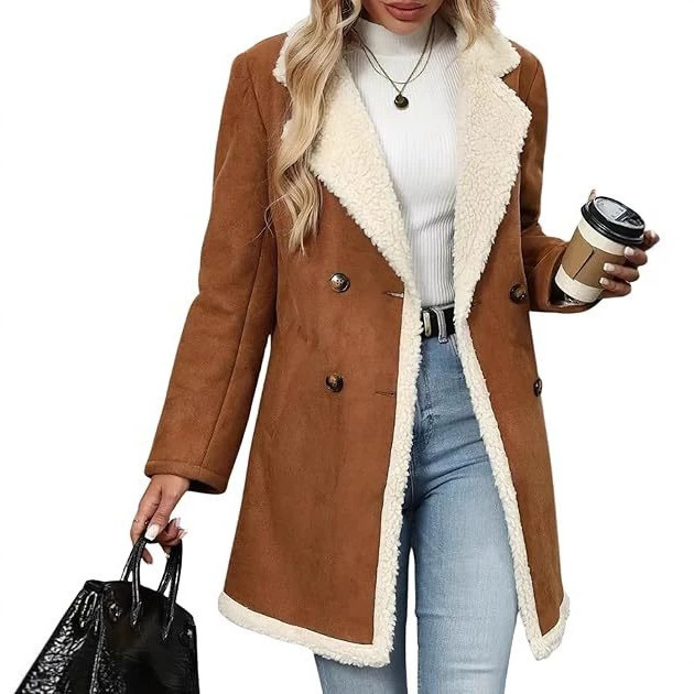 Cross-border European and American women's winter notched lapel double-breasted coat with sherpa wool lining and faux suede jacket