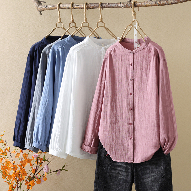 Double-layer Cotton Yarn Vertical Collar Long-sleeved Shirt Women's Foreign Trade Export Japanese Single High Goods Soft Skin-friendly Baby Cotton Base Top Double-layer Cotton Yarn Vertical Collar Long-sleeved Shirt Women's Foreign Trade Export Japanese Single High Goods Soft Skin-friendly Baby Cotton Base Top