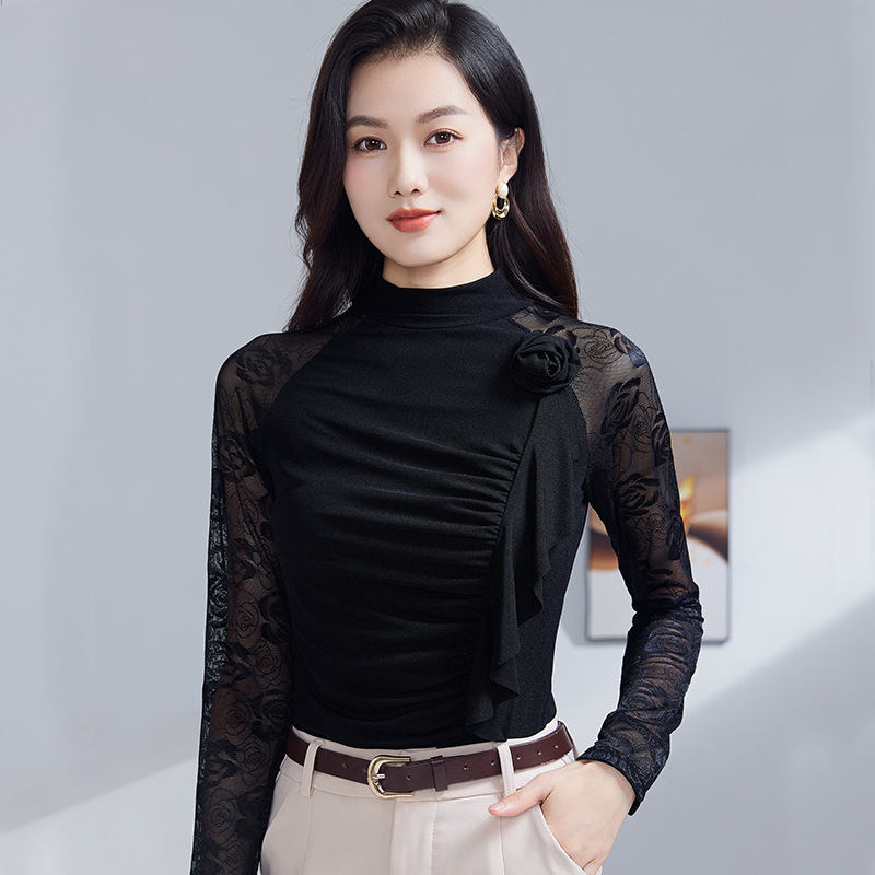秋装蕾丝长袖拼接小衫女上衣设计感荷叶边洋气半高领打底衫女潮|undefined