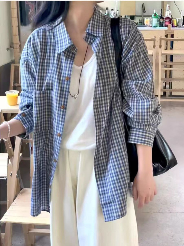 现货韩系格子衬衫女早秋新款百搭宽松慵懒风上衣外搭格纹衬衣外套|undefined