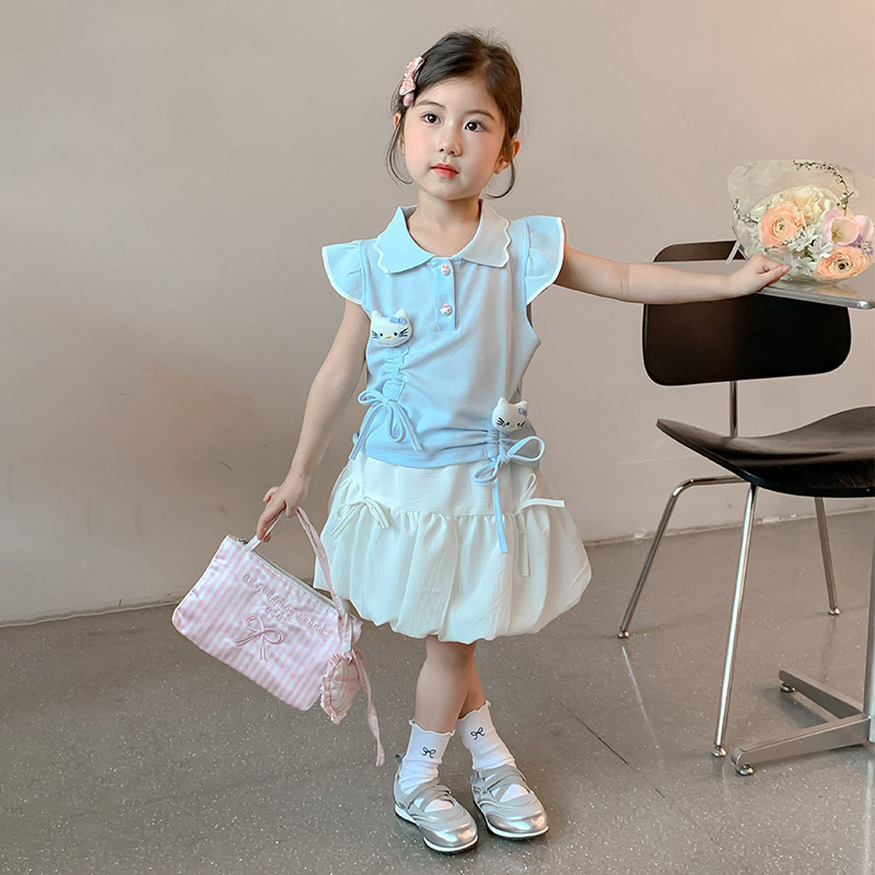 Girls Suit 2025 New Summer Kt Cat Skirt Two-Piece Set for Children and Middle-Aged Children Girls Polo Collar Summer Sportswear