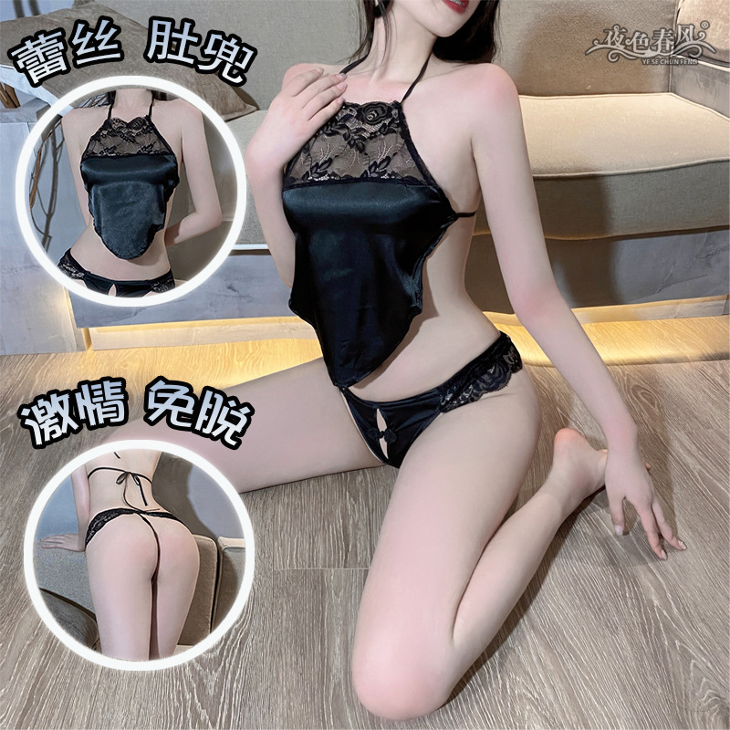 섹시한 복고풍 레이스 유혹 섹시 란제리 오픈 벨리밴드 열정 비 이륙 잠옷 레이스 업 등이없는 유니폼 세트
