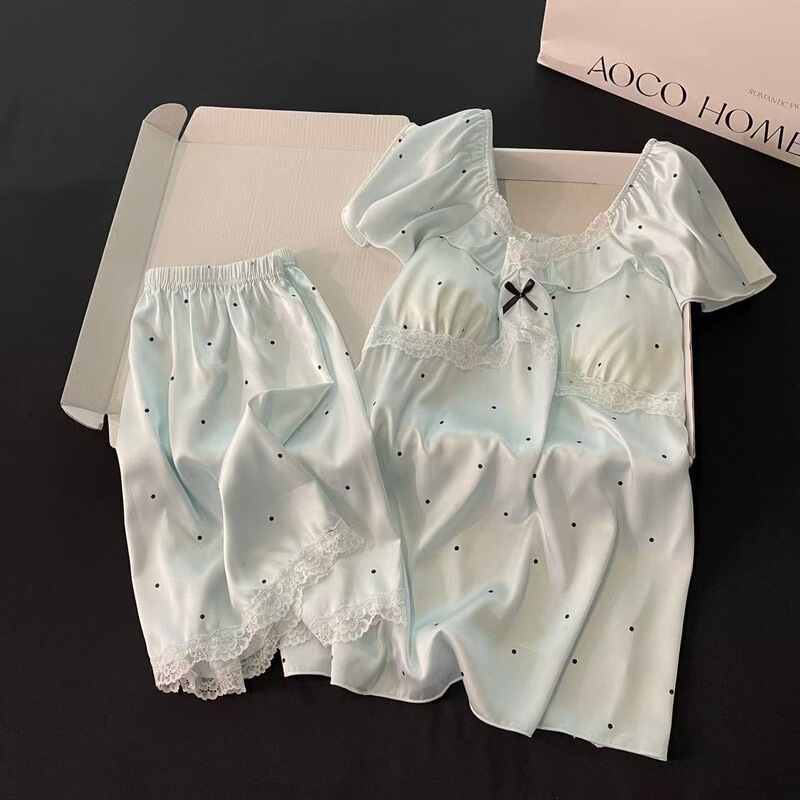 Pajamas for Women Summer Ice Silk Ins Style New Style Apricot Color Polka Dot Sweet Lace Home Wear Short-Sleeved Two-Piece Set