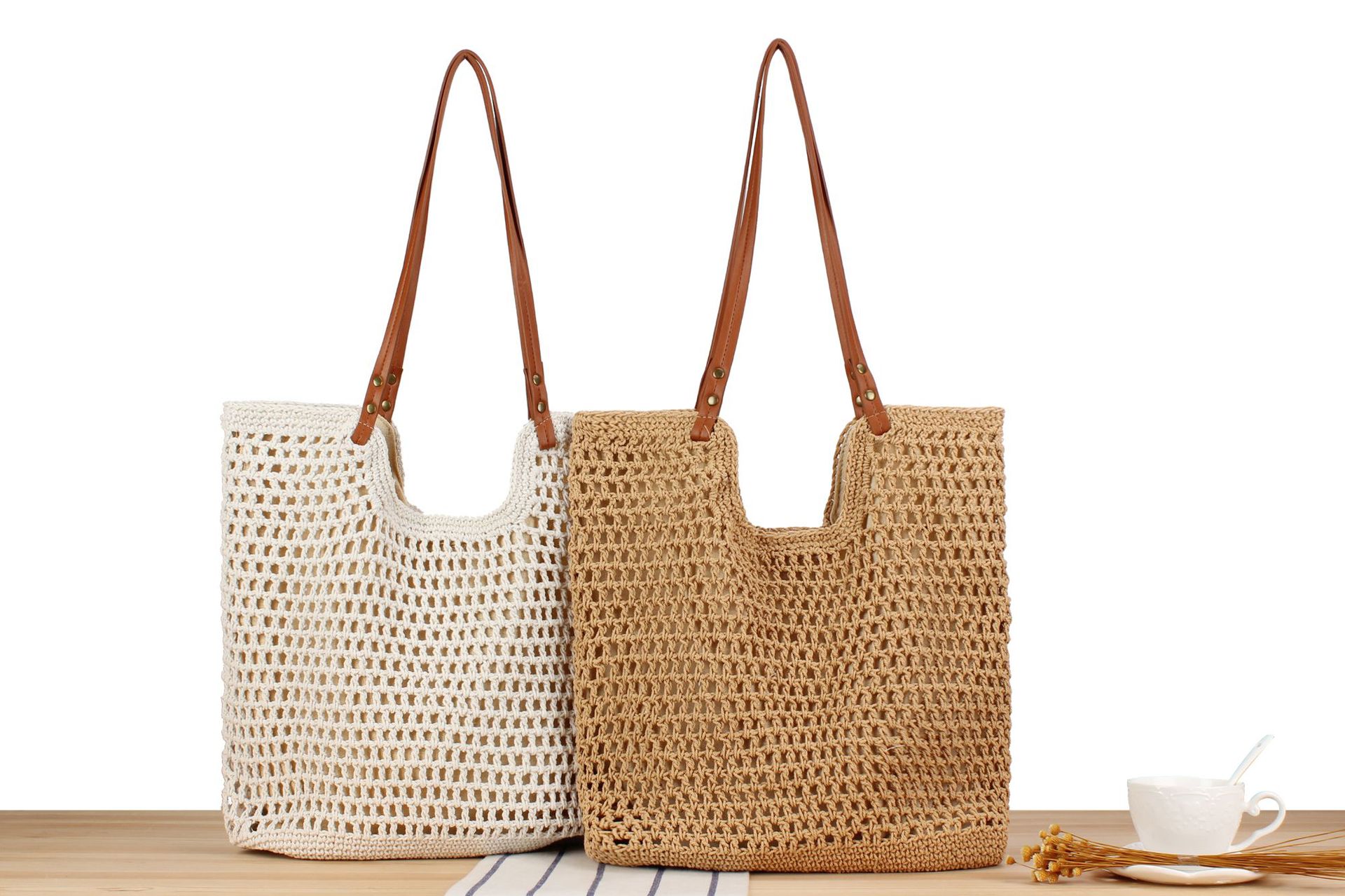 675g Weight Women's Vacation Beach Solid Color Cotton Shopping Bags