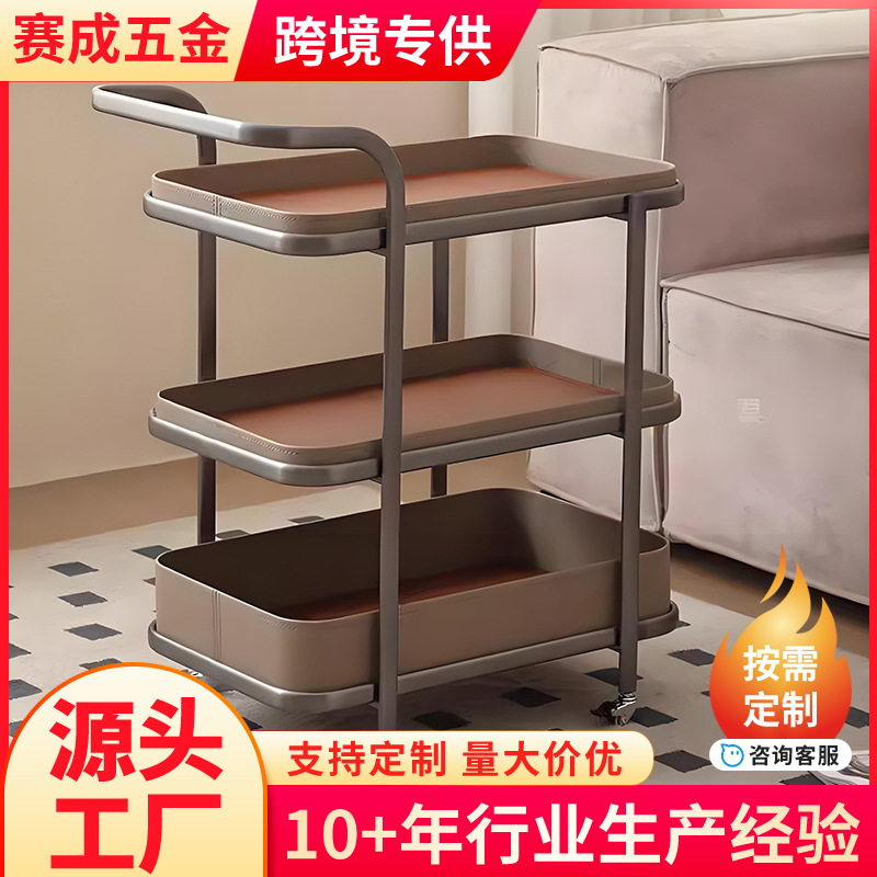 Light Luxury Saddle Leather Side Table Movable Sofa Trolley Coffee Table Living Room Household Stainless Steel Dining Cart with Wheels
