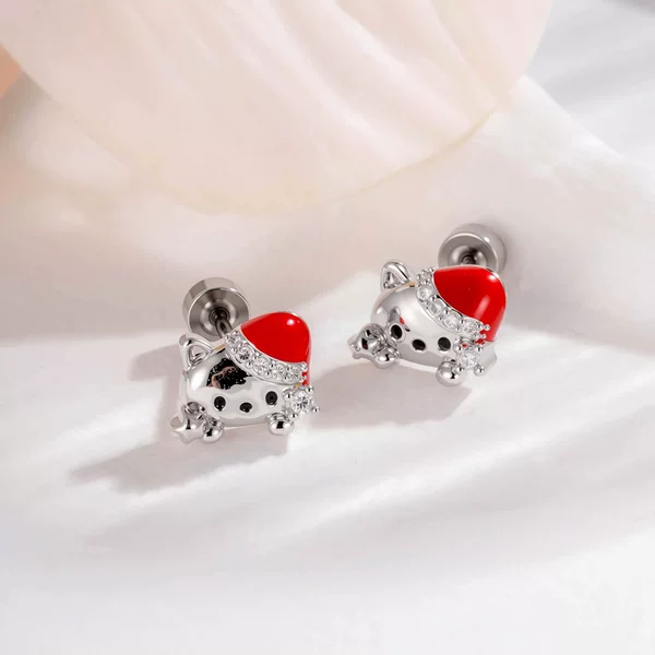 Micro-Inlaid Zircon Cute Christmas Hat Cat Ear Cartilage Stud Titanium Steel Flat Screw-On Sleep-Friendly Non-Removable Piercing Earrings