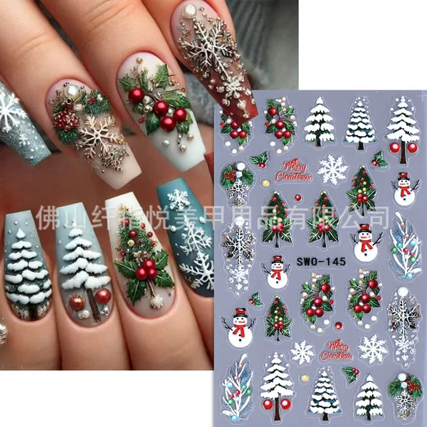 Cross-Border New Christmas Nail Art Stickers 3D Embossed Stereo Christmas Tree Snowman Red Robin Nail Stickers