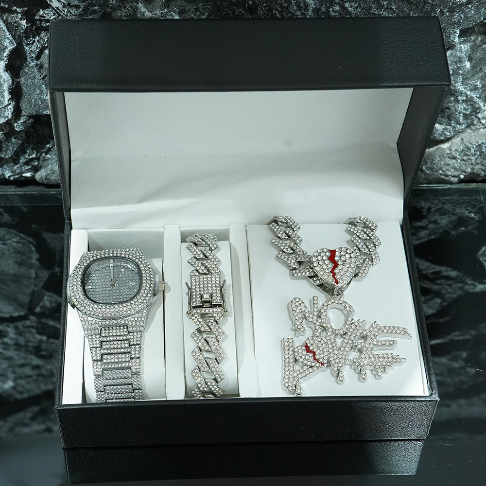 Conjunto de Reloj y Collar con Colgante NO LOVE, Estilo Cubano, para Hombre, en Caja de Regalo de Lujo