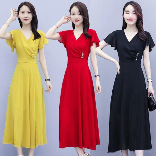 Fashionable dress New summer large-size women's clothes waist waist to show slimming temperament V-neck fashionable dress