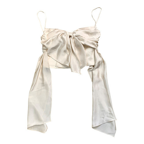 Stylish hot girl's sexy pearl white glossy acetate satin bow tie halter top