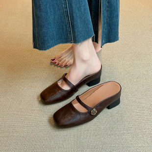 Inner Height Increase ~ French Retro Thick Heel Soft Leather Velcro Mary Jane Baotou Half Slippers 2025 Summer New