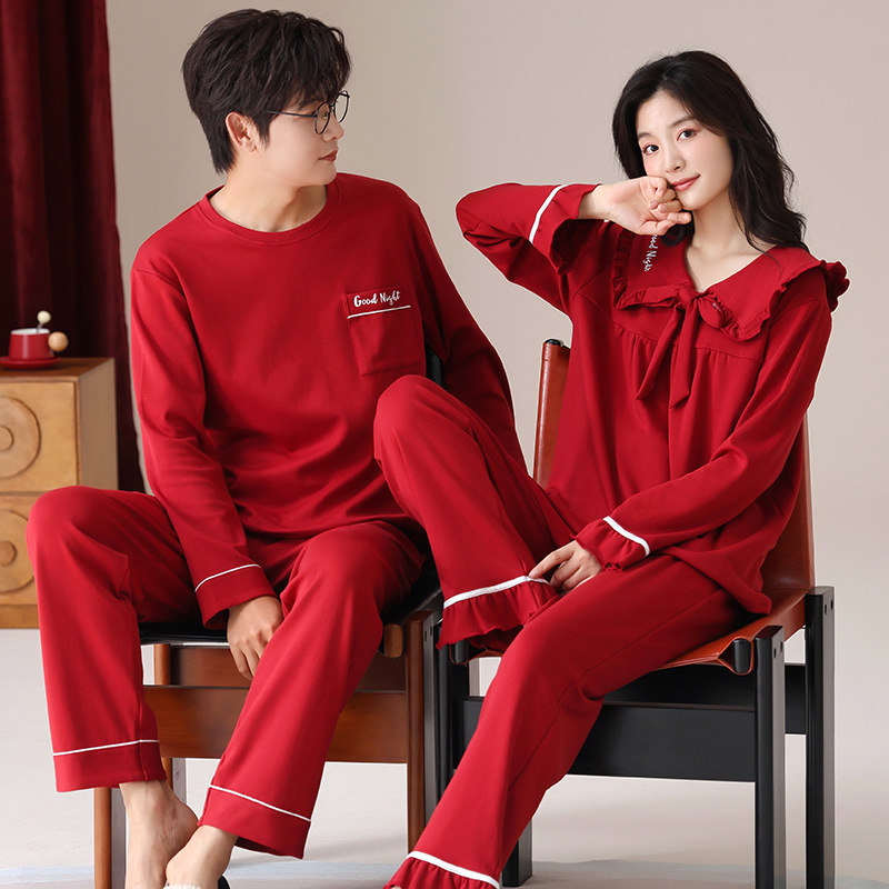 Red Couple Pajamas Autumn and Winter Women's Cotton Long-Sleeved Men's Zodiac Year Newlywed Wedding Home Clothes Set Can Be Worn Outside