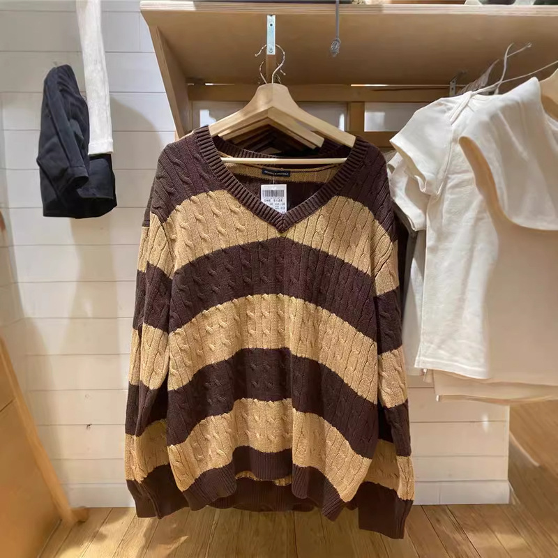 bm Style Brandy Same Style New Stripesd Twist V Neck Knitwear bm Loose Splicing Brown Knitwear for Women bm Style Brandy Same Style New Stripesd Twist V Neck Knitwear bm Loose Splicing Brown Knitwear for Women
