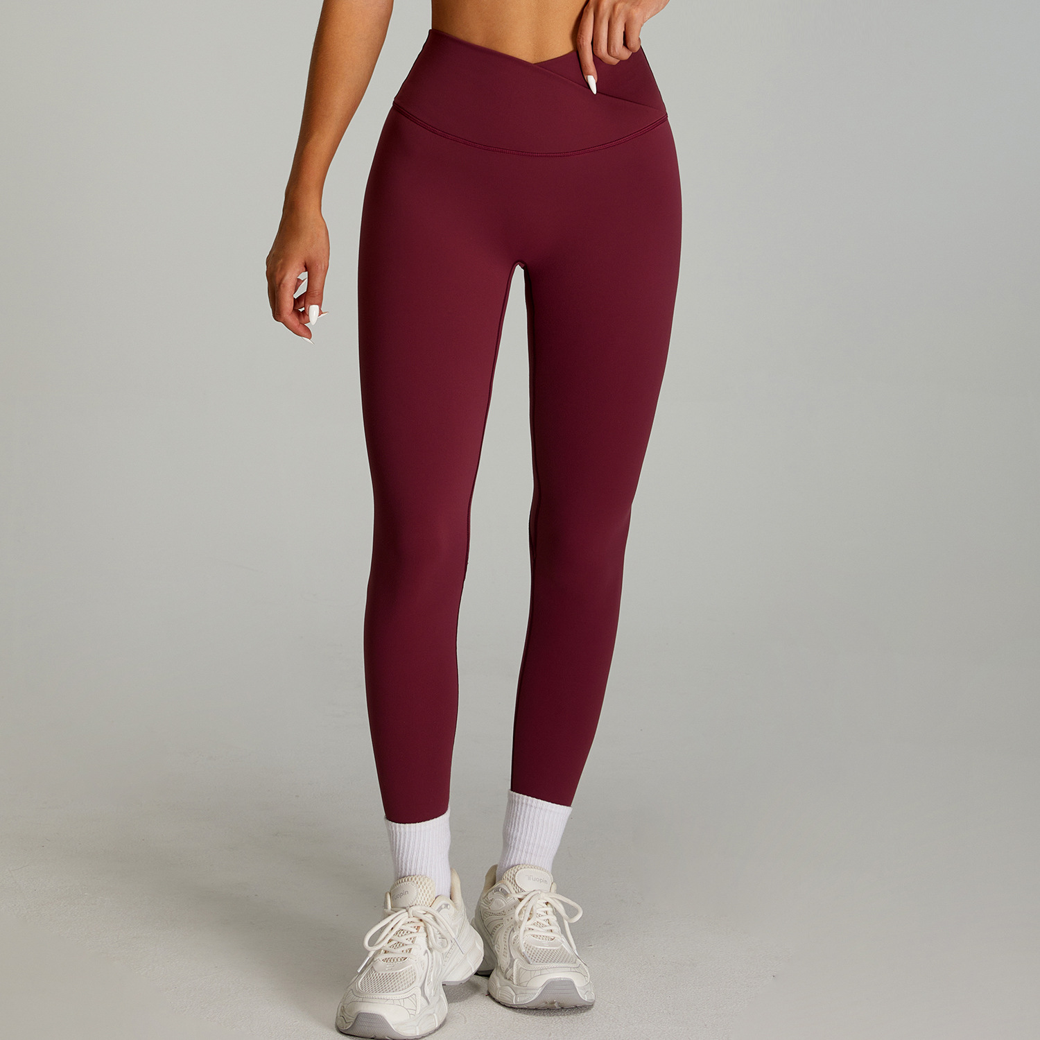 Pantalones deportivos de cintura alta desnudos transfronterizos, pantalones deportivos ajustados de secado rápido para mujer, cintura cruzada, abdomen, caderas, pantalones de yoga