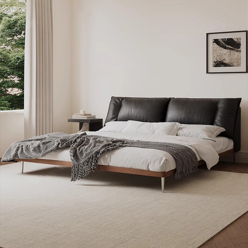 Cama de cuero retrógrada de estilo antiguo de alta gama atmósfera cama de madera maciza moderna simple cama doble cama principal cama de matrimonio de envoltura suave negro