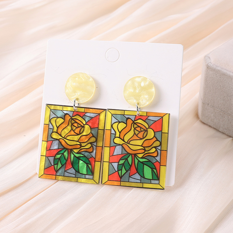 16g Weight Dangling Earrings Classification 1 Pair Quantity Holiday, Daily Occasion Acrylic Material Sunflower, Rose, Chrysanthemum Pattern Women's Gender Printing, Flowers Design Sweet Style 1 Pair Sweet Sunflower Rose Chrysanthemum Printing Flowers Arylic Dangling Earrings 9
