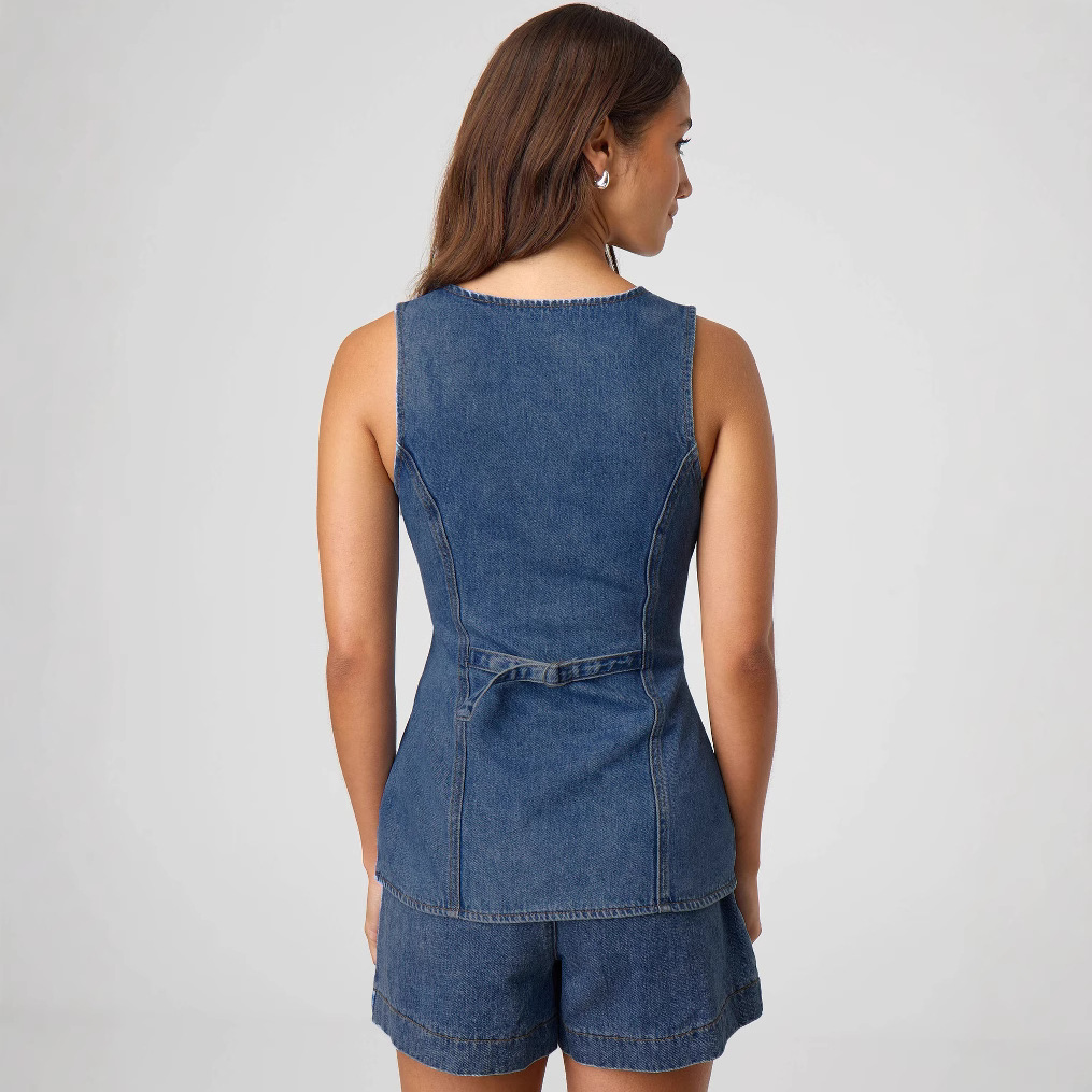 K New Fashionable Sleeveless Waist Cinched High Waisted Loose Denim Shorts Set For Women_ecoleips.com