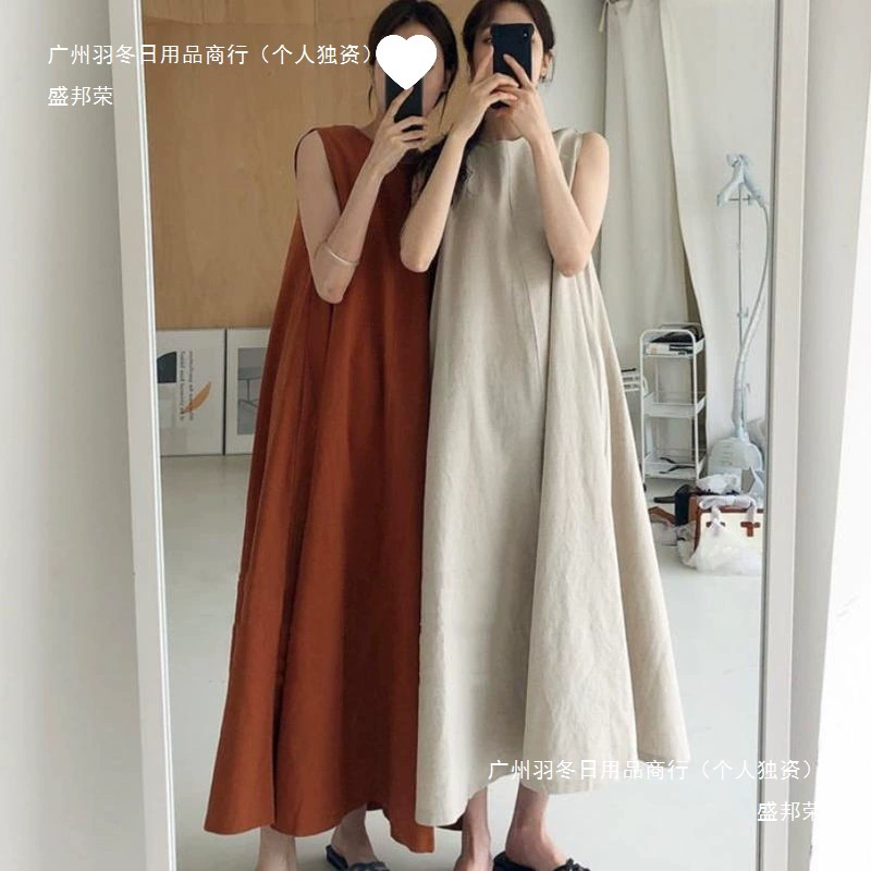 [Натуральный хлопок и лен] Корейский стиль с круглым вырезом, свободное однотонное повседневное длинное платье без рукавов из хлопка и льна с большим подолом в ленивом стиле