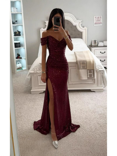 Cross-border best-selling foreign trade women's clothing independent station polyester sexy fine sparkly slits ballroom dress sequin dress new product